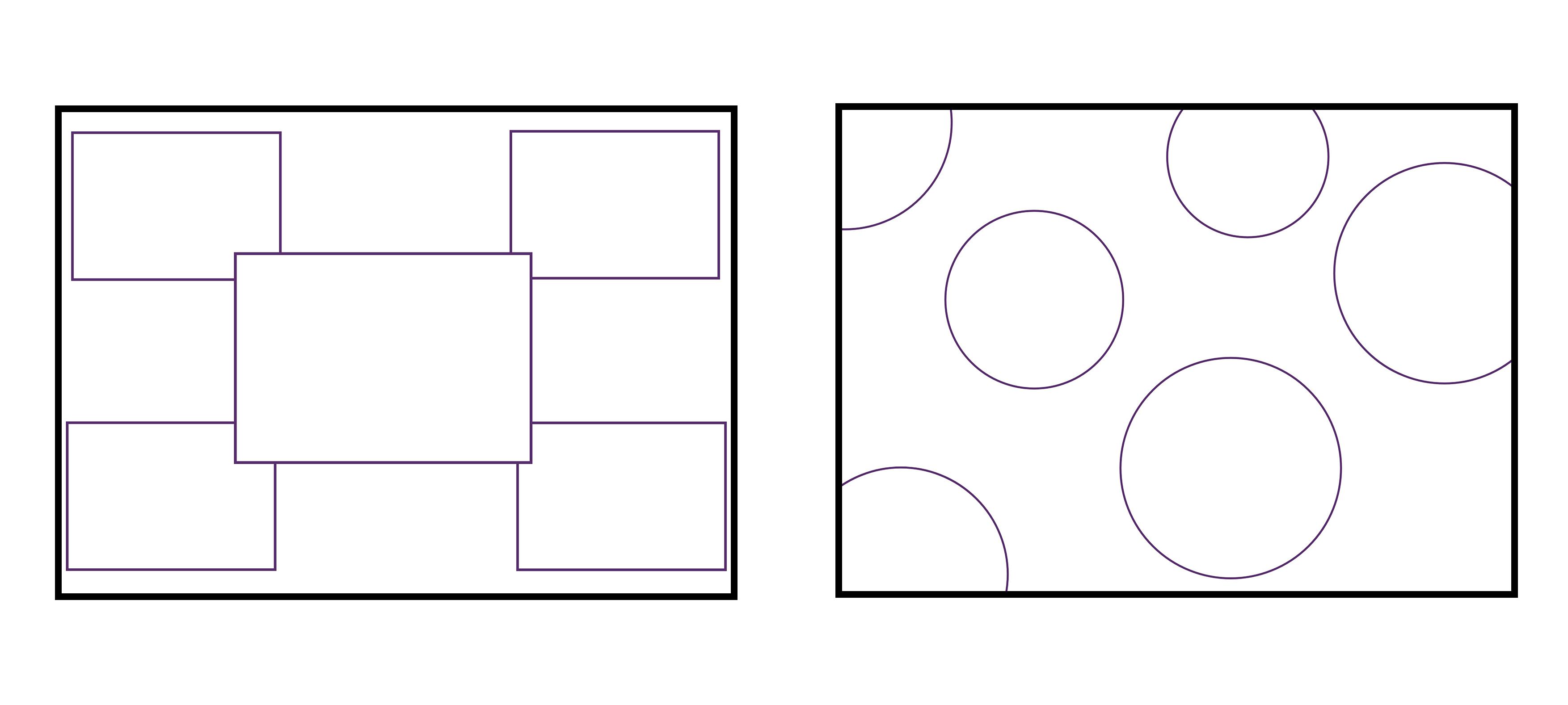 Dos muestras de composiciones de collage de lado a lado: diseño rectangular a la izquierda y diseño circular a la derecha