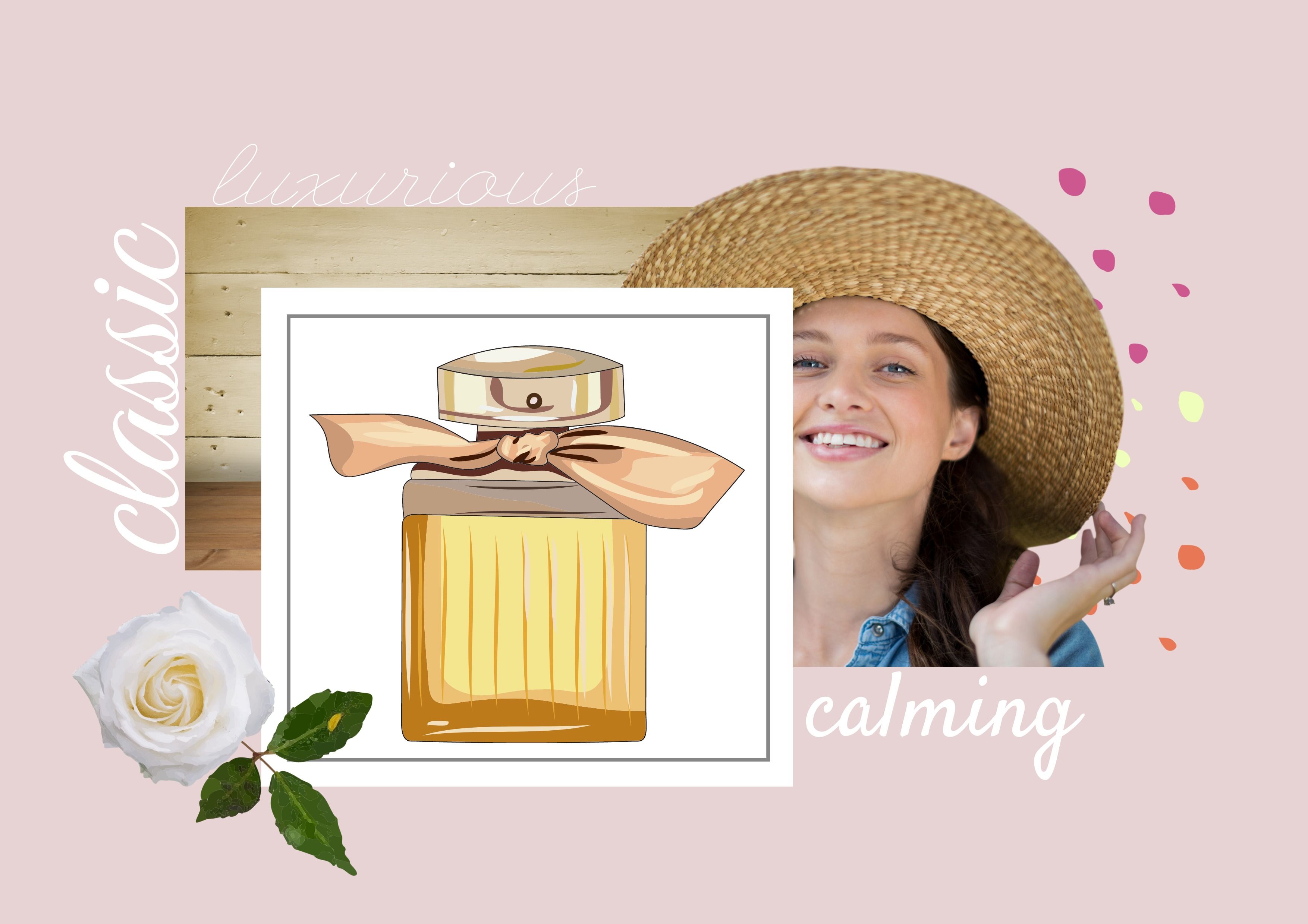 Exemplo de colagem de identidade de marca de perfume com cores, fontes e texturas estéticas