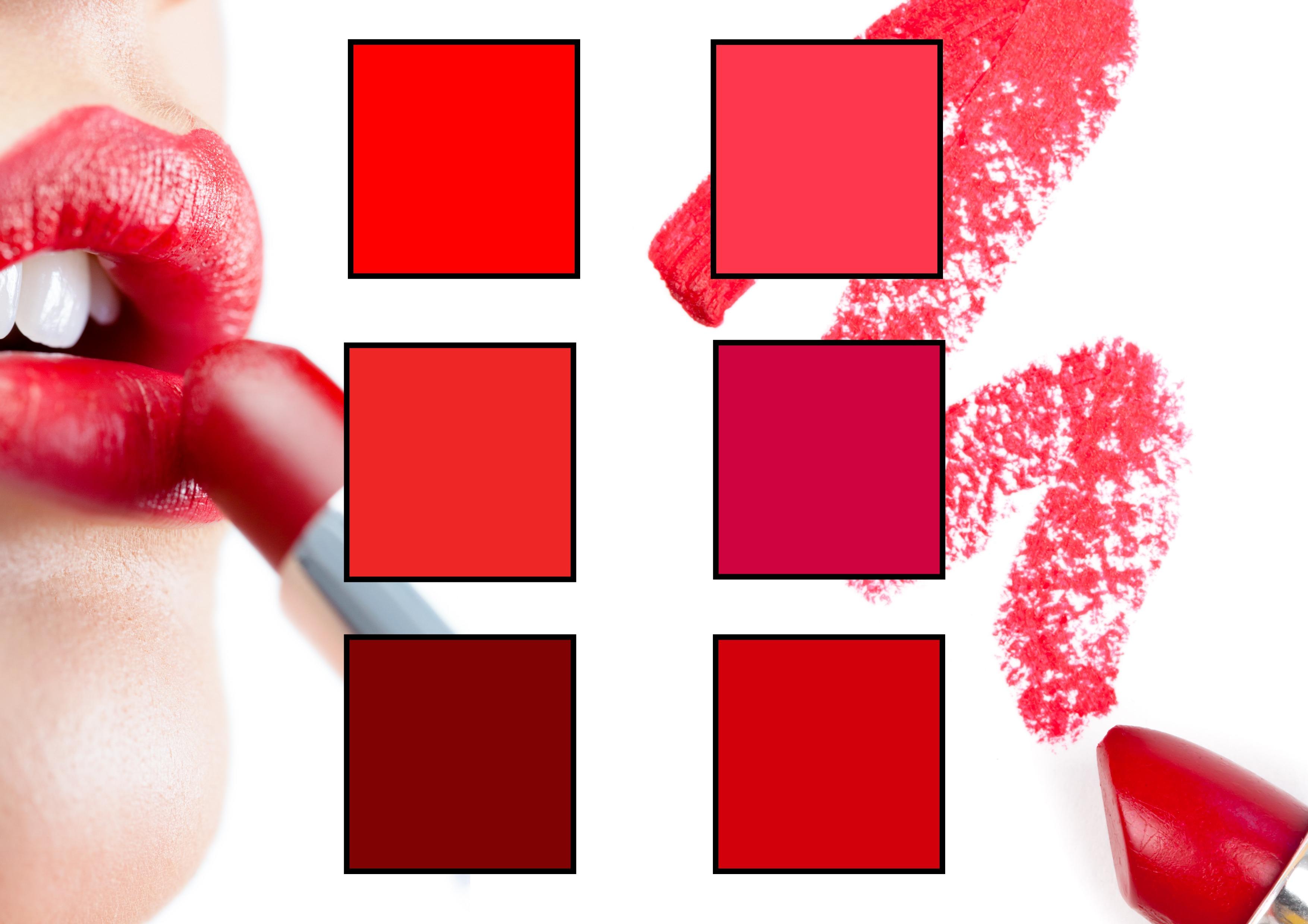 Collage de tabla de colores de productos de lápiz labial futuro con colores en filas de cuadrícula e imágenes