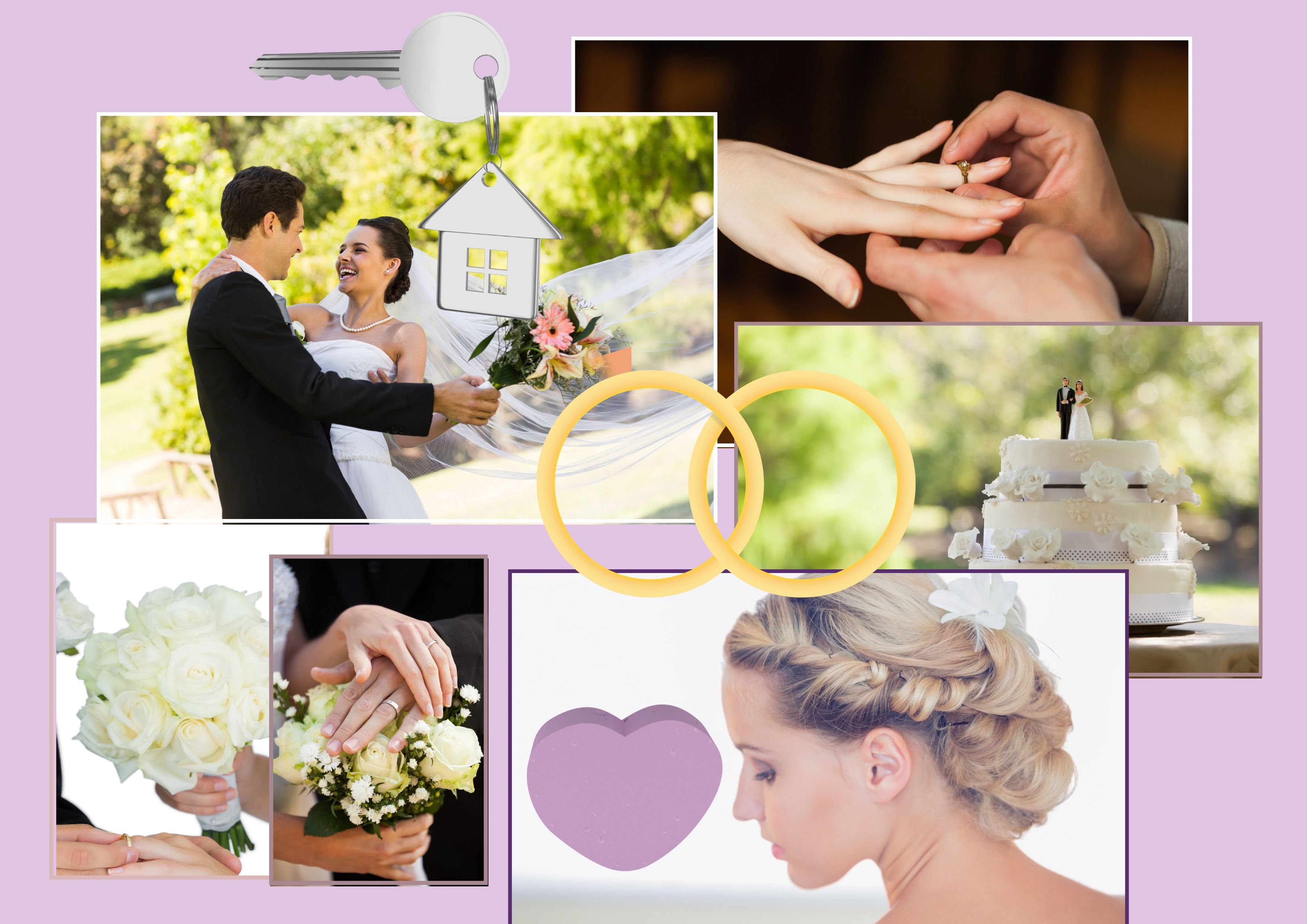 Colagem de casamento dos sonhos com seções de inspiração de cabelo, flor, bolo e anel