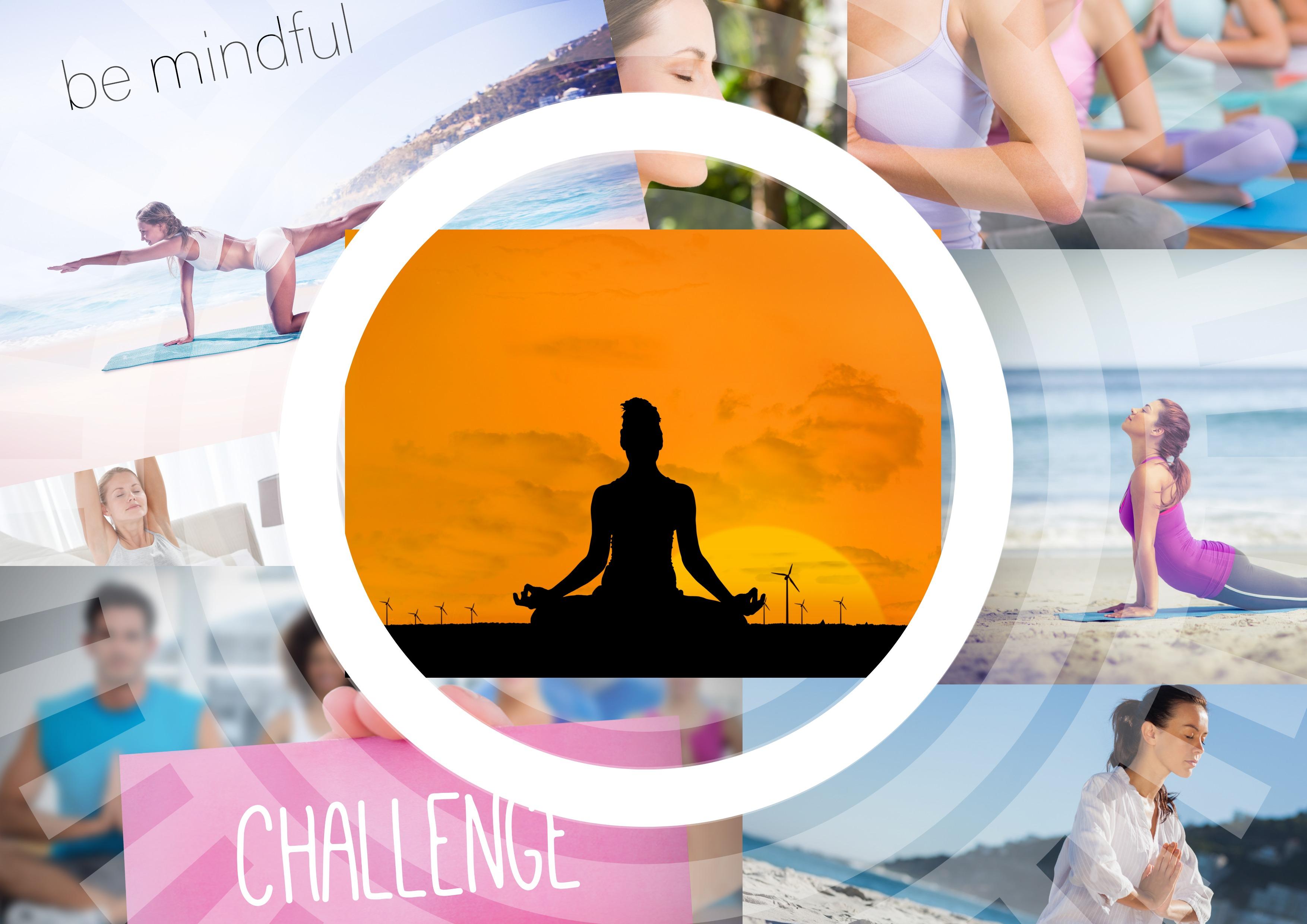 Von Fitness und Meditation inspirierte Collage mit inspirierenden Bildern und Symbolen