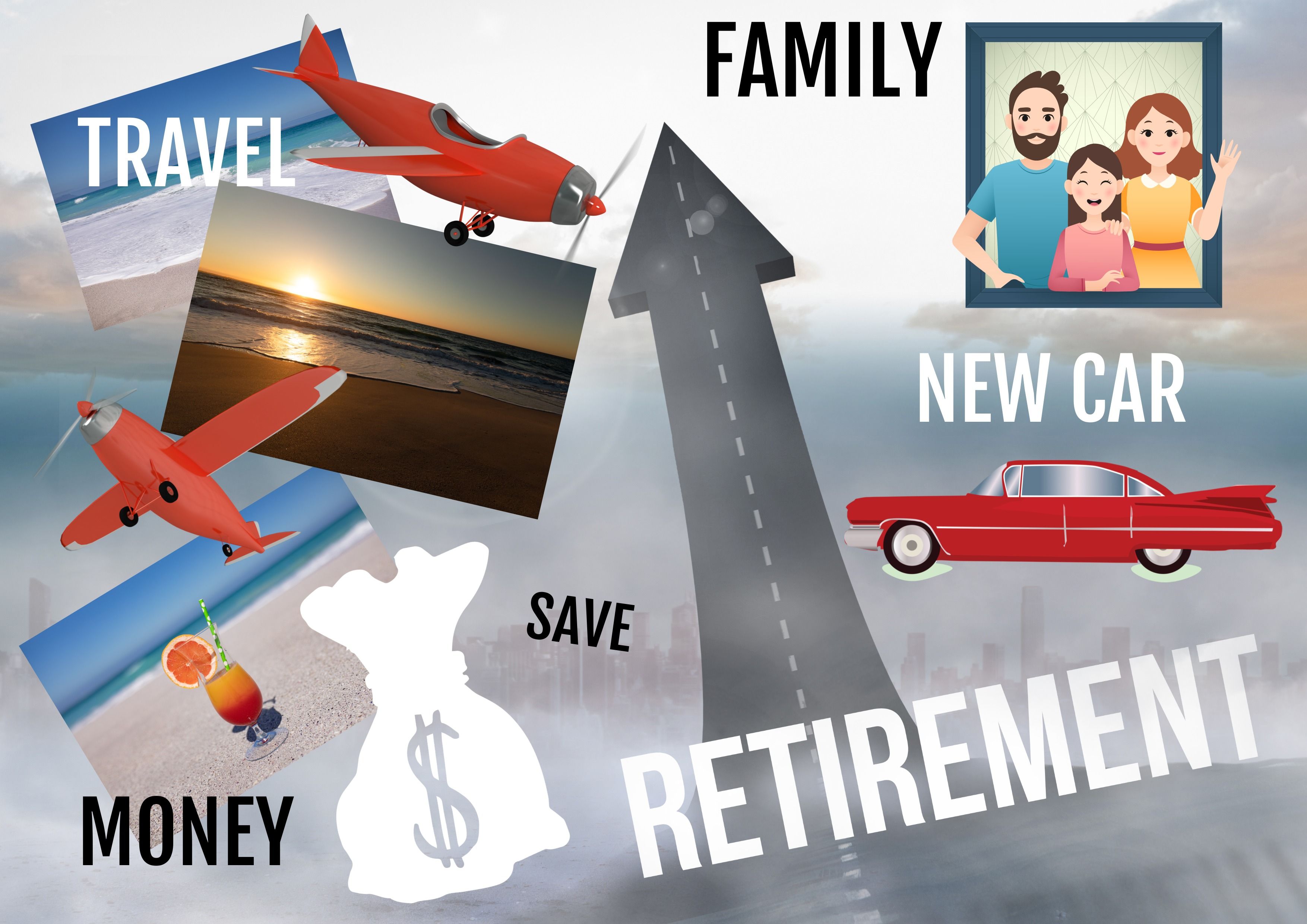 Retirement Goals Collage with Hopes in Black and White Text, accompanied by Images & Icons - How to make a collage: A complete inspirational guide with examples - Image