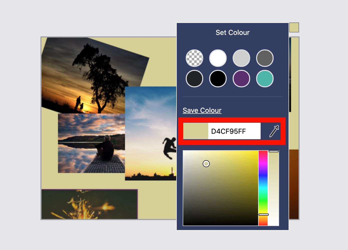 Captura de tela das opções de cores de fundo na tela com colagem visível