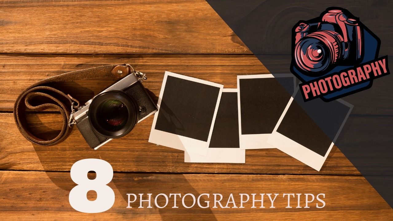 Top view of a wooden table on which lies an antique camera and 4 printed photographs - Step-by-step guide to designing YouTube thumbnails - Image