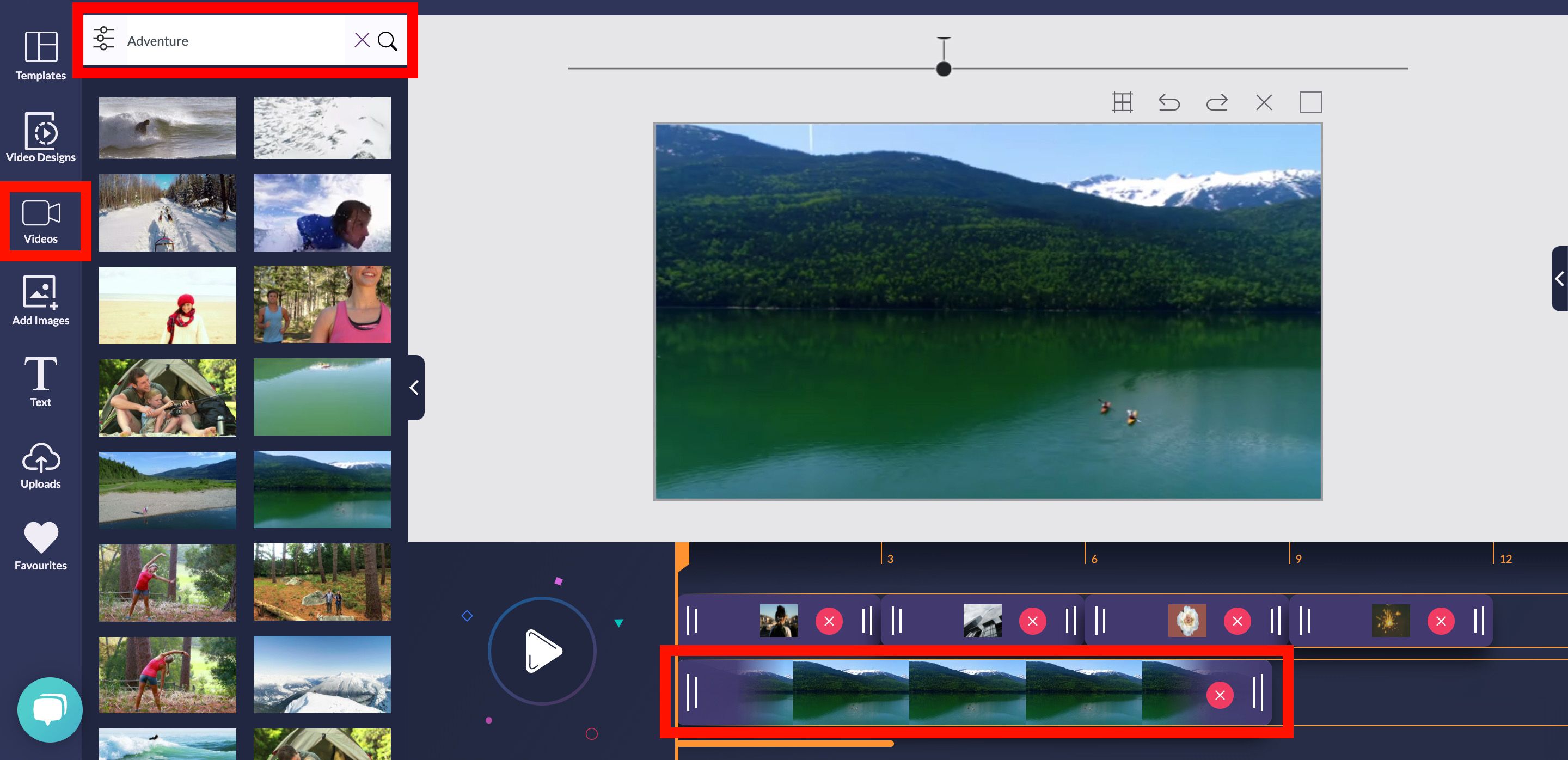 captura de tela das opções de vídeo no editor com vídeo de estoque de uma paisagem colocada na linha do tempo
