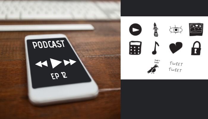 smartphone na mesa tocando podcast à esquerda e desenhos de ícones à direita