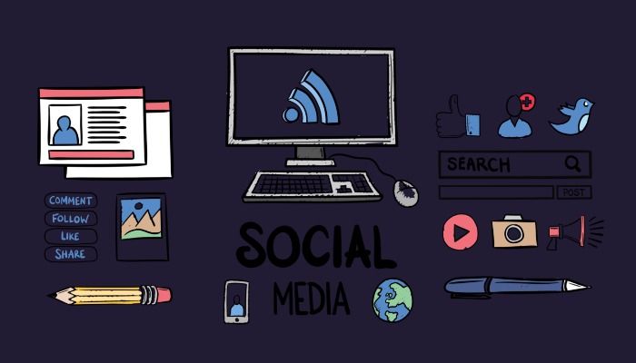 Computer and social media-related icons on dark background with text social media - Eleven pro tips on how to start making money blogging - Image