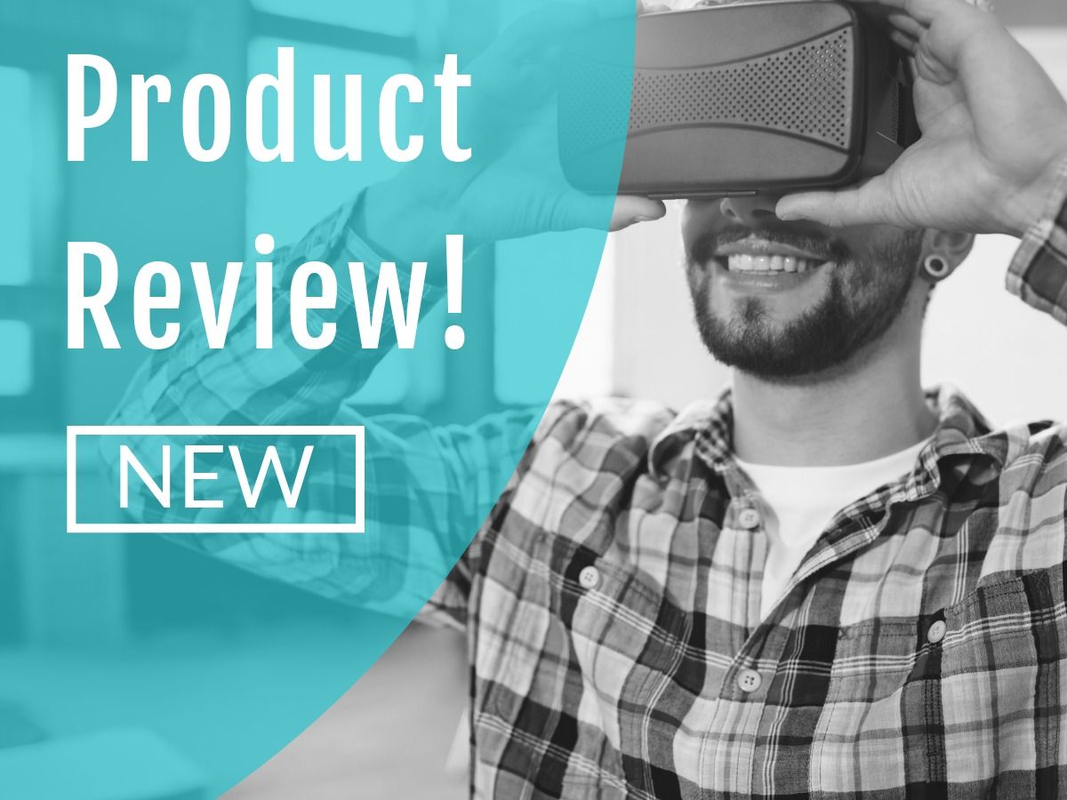 Black and white photo of a man using a VR headset with the caption on a turquoise background: Product Review! New - 12 ways to effectively promote a new product - Image