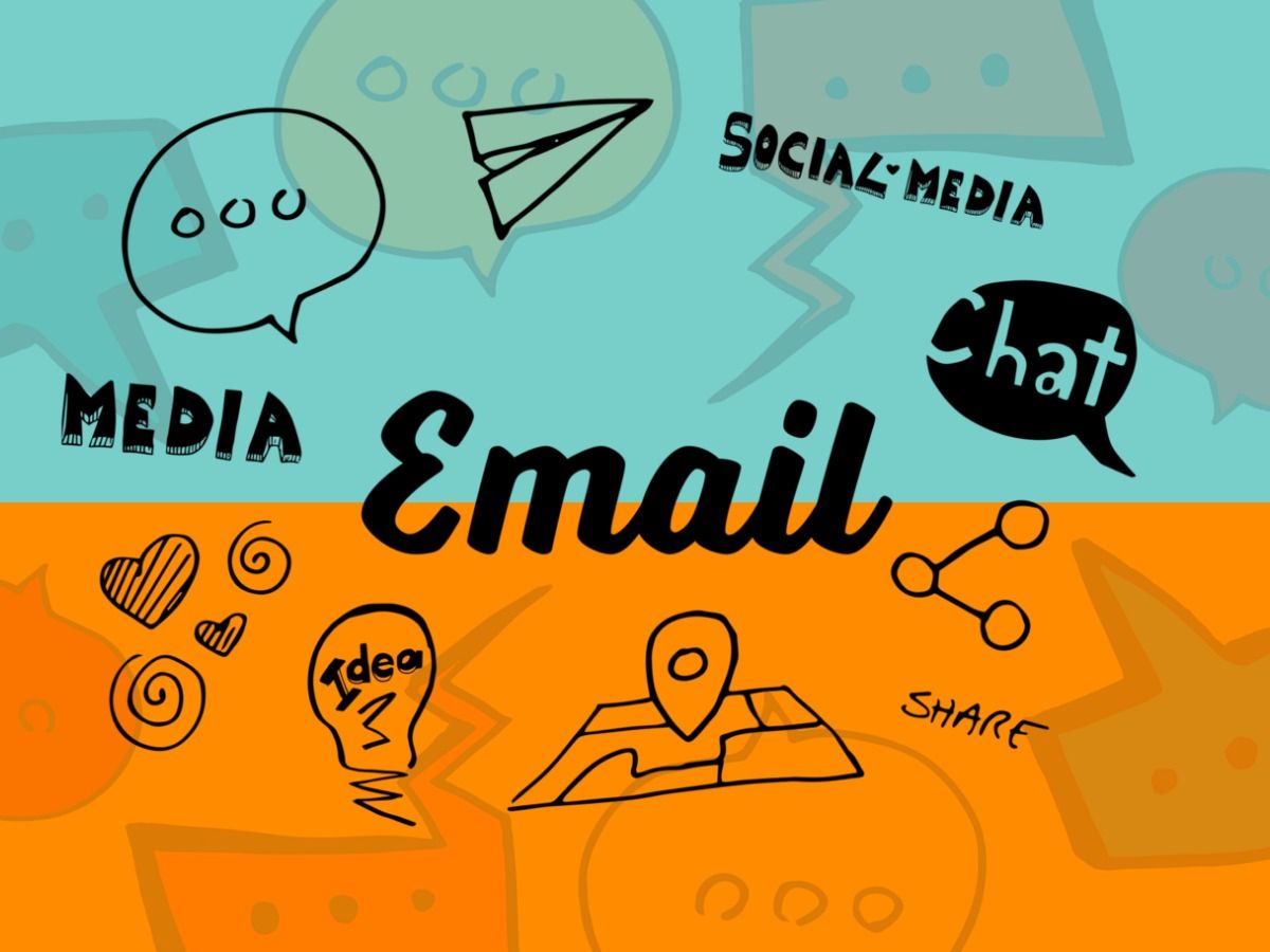 Hand-drawn social media-related icons and captions: media, email, social media, chat - 12 ways to effectively promote a new product - Image