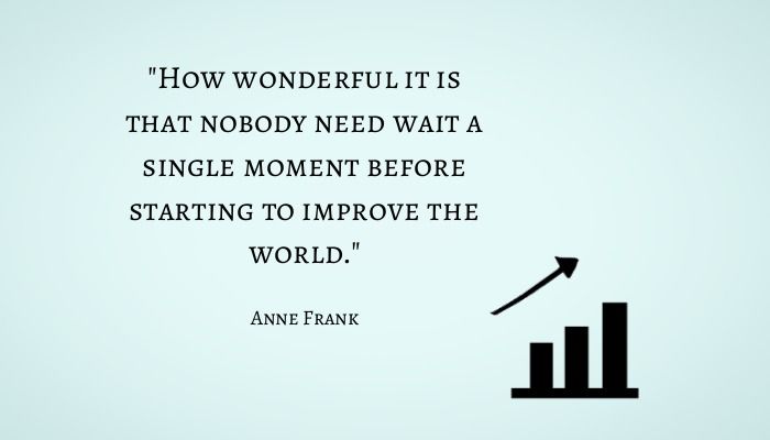 Anne-Frank-Zitat auf blauem Hintergrund mit einem Symbol für Steigerung