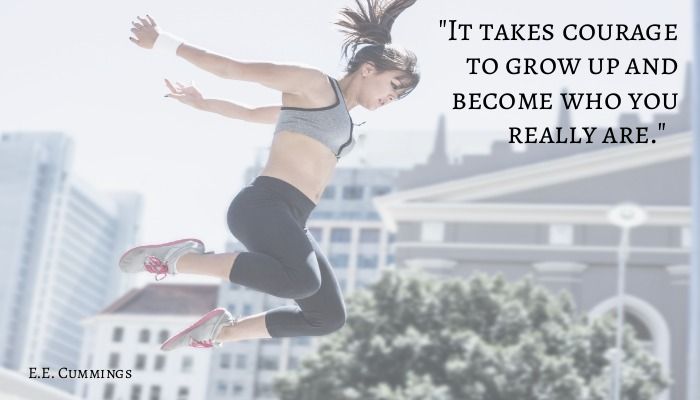 E.E. Cummings quote with a woman in sportswear jumping from a great height in the background - Best inspirational and motivational quotes for college students - Image