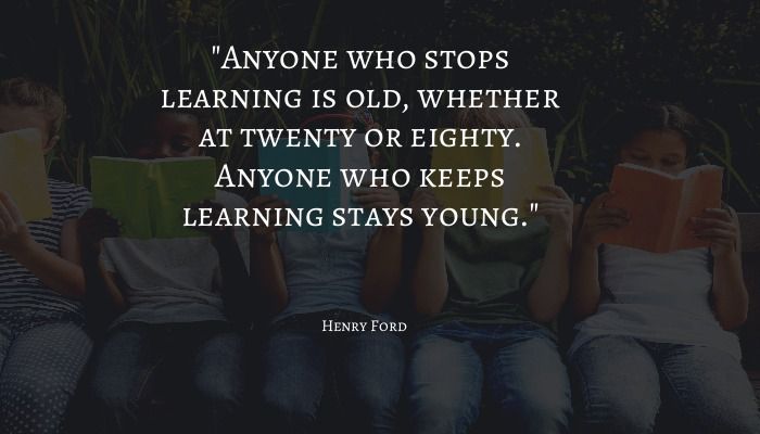 Henry Ford quote with three children reading their books in the background - Best inspirational and motivational quotes for college students - Image