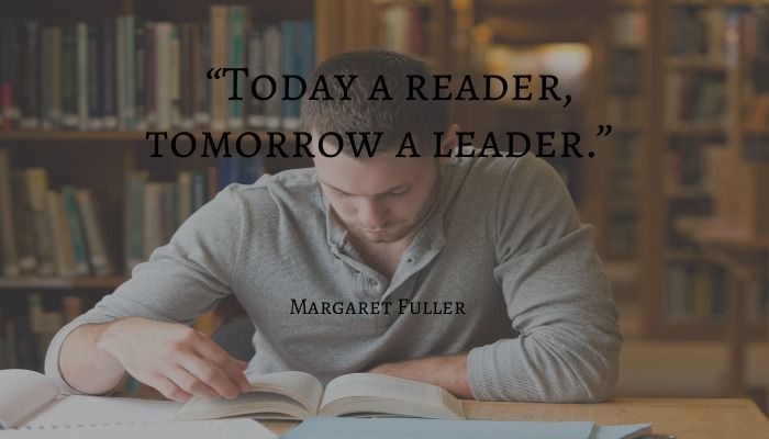 Margaret Fuller quote with an adult sitting at a table reading a book in a library in the background - Best inspirational and motivational quotes for college students - Image