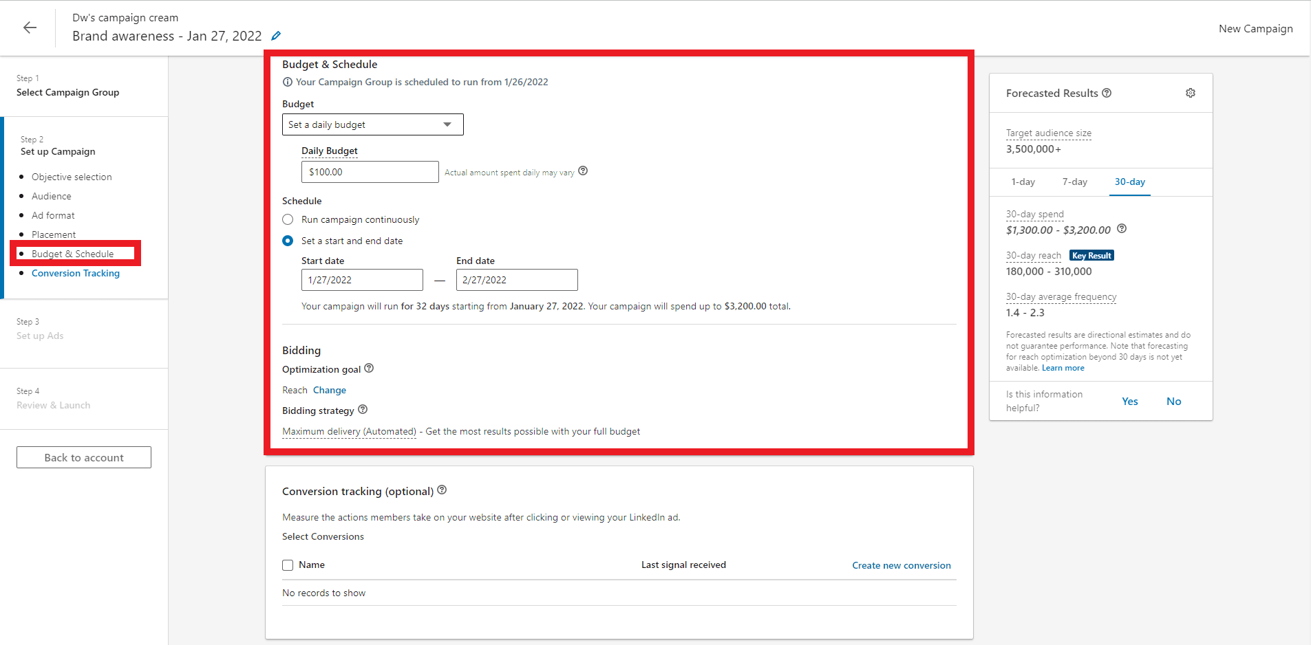 Campaign group set up, budget & schedule screen - How to set a schedule, daily and lifetime budget for LinkedIn advertising - Image