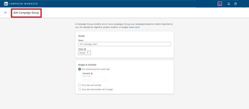 Campaign manager LinkedIn page - A step-by-step guide on how to create a Campaign Group on LinkedIn - Image