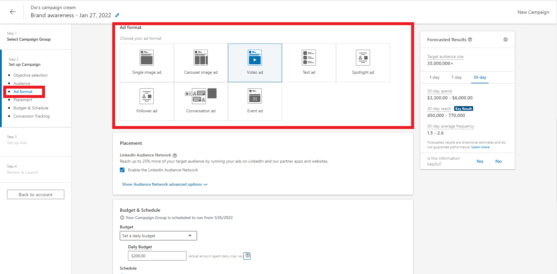 Etapa 5 Selecione o formato e o canal do anúncio