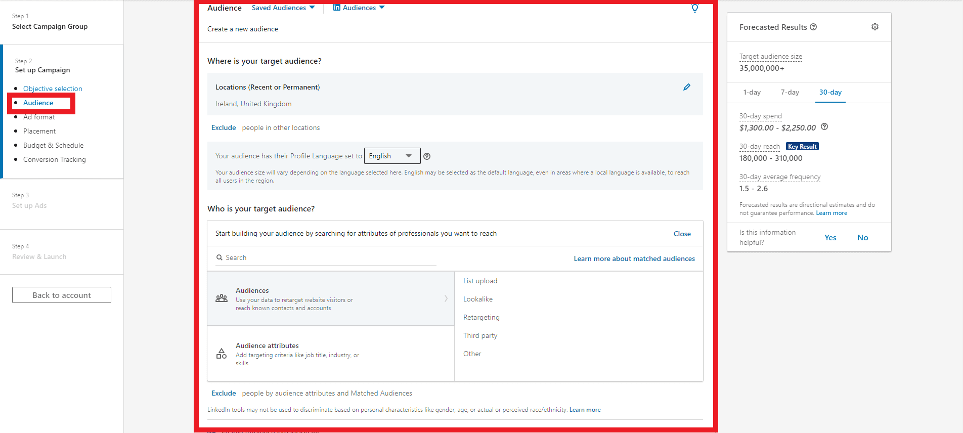 Campaign group set up screen - A step-by-step guide on how to narrow your target audience for LinkedIn ads - Image