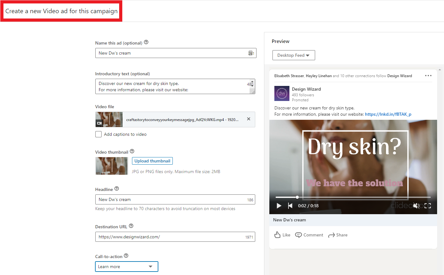 Video ad set up page - Step-by-step instructions for setting up a new video ad for LinkedIn - Image