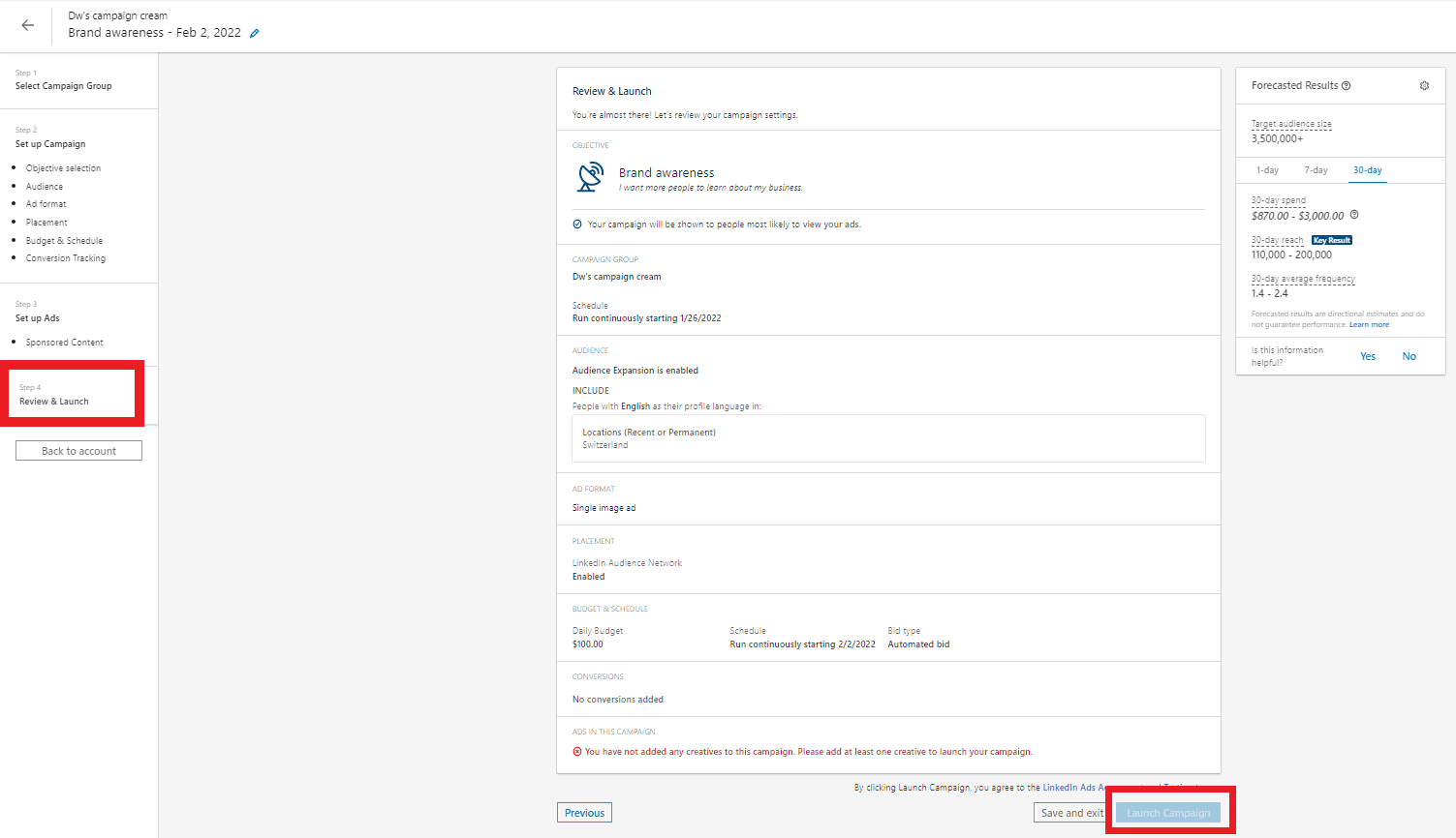 Campaign group set up, Review & Launch step - Instructions for reviewing and launching a LinkedIn advertising campaign - Image