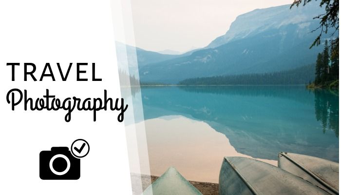 Blick auf einen See und als Titel steht „Reisefotografie“.