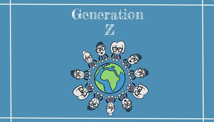 An illustration of a globe on a blue background and people forming a circle around it with the title 'Generation Z' - Learn the top 15 marketing trends to improve your business and marketing strategy - Image