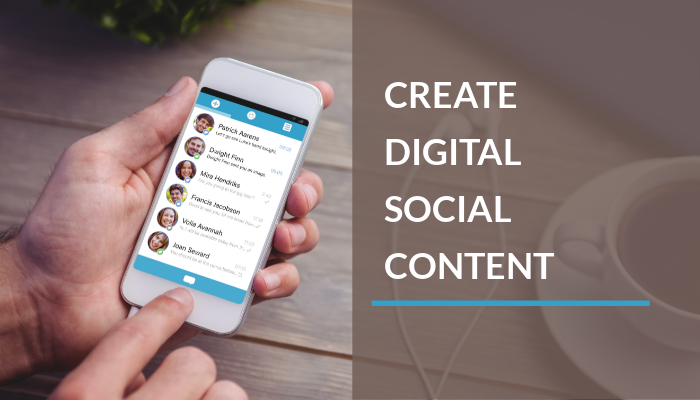 texto crear contenido social digital con un teléfono con mensajes en segundo plano