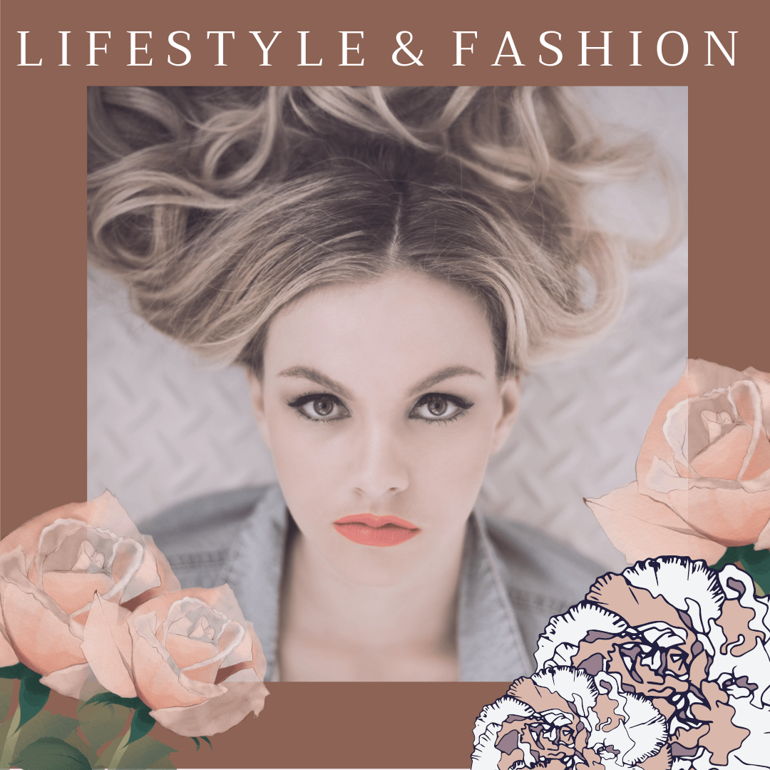 texto estilo de vida e moda com flores e uma foto de uma garota no fundo