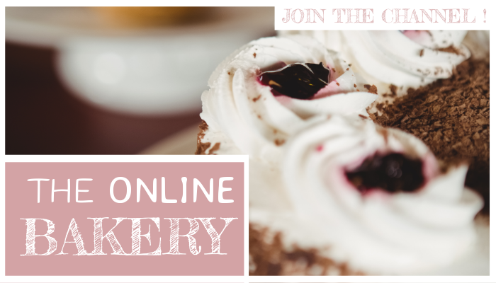 Text dem Kanal beitreten, die Online-Bäckerei mit einem Kuchen im Hintergrund