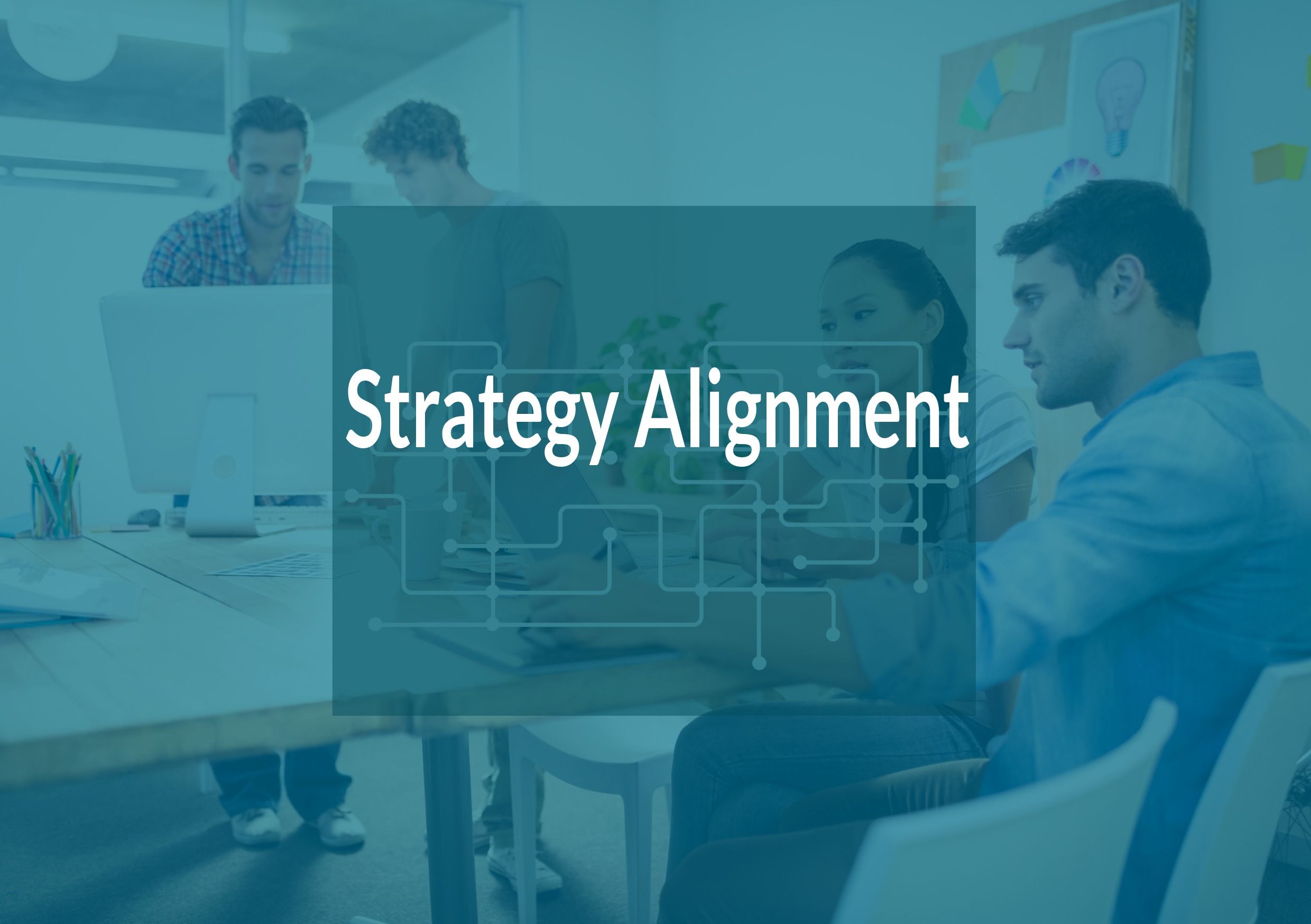 Text Strategy Alignment in white on a background image of a business meeting with a green tint - Product position: why is it important - Image