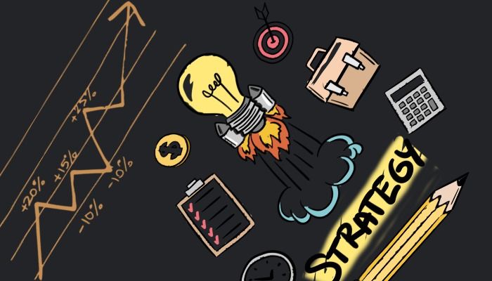 Le mot stratégie surligné en jaune sur un fond sombre avec des icônes représentant le travail et les idées - Positionnement produit : qu'est-ce que c'est et pourquoi est-ce important ? - Image