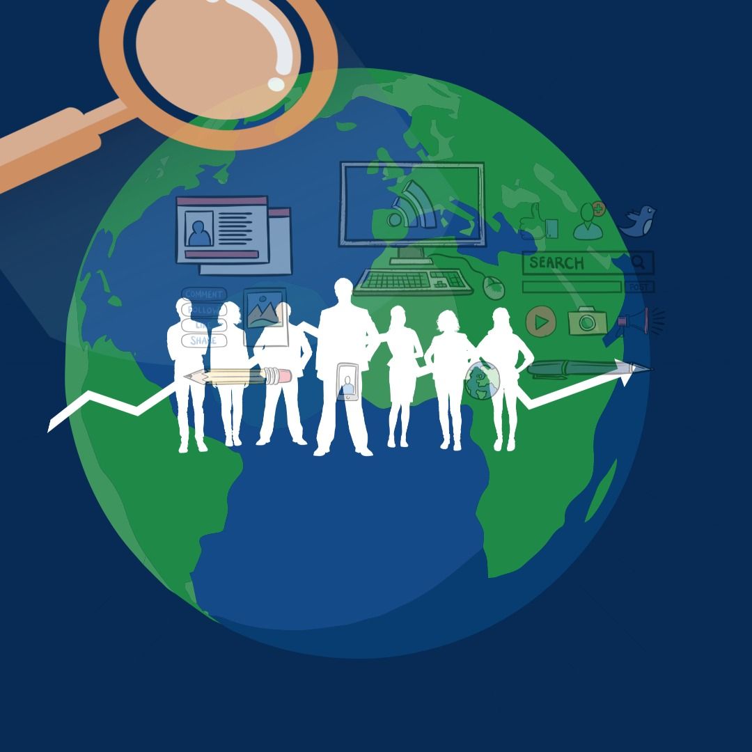 Icons representing people, marketing, and search against the background of an illustration of the planet on a dark blue backdrop - Product position: why is it important - Image