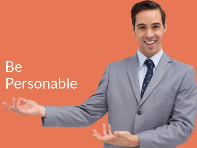 Man in a suit pointing to right with orange background - Tips on how to present yourself well in a real estate marketing video - Image