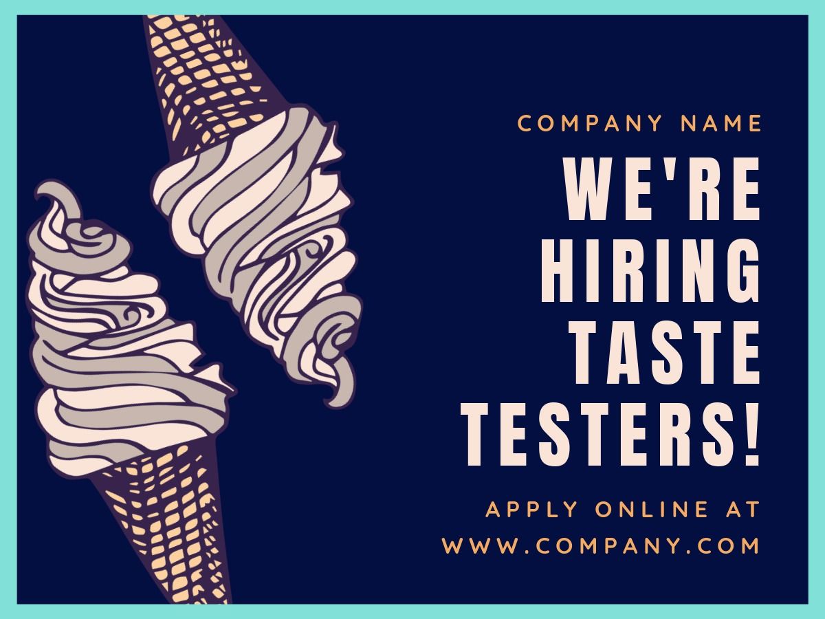 An illustration with the caption We're Hiring Taste Testers features two ice cream cones against a dark blue background - Restaurant Branding Guide - Image