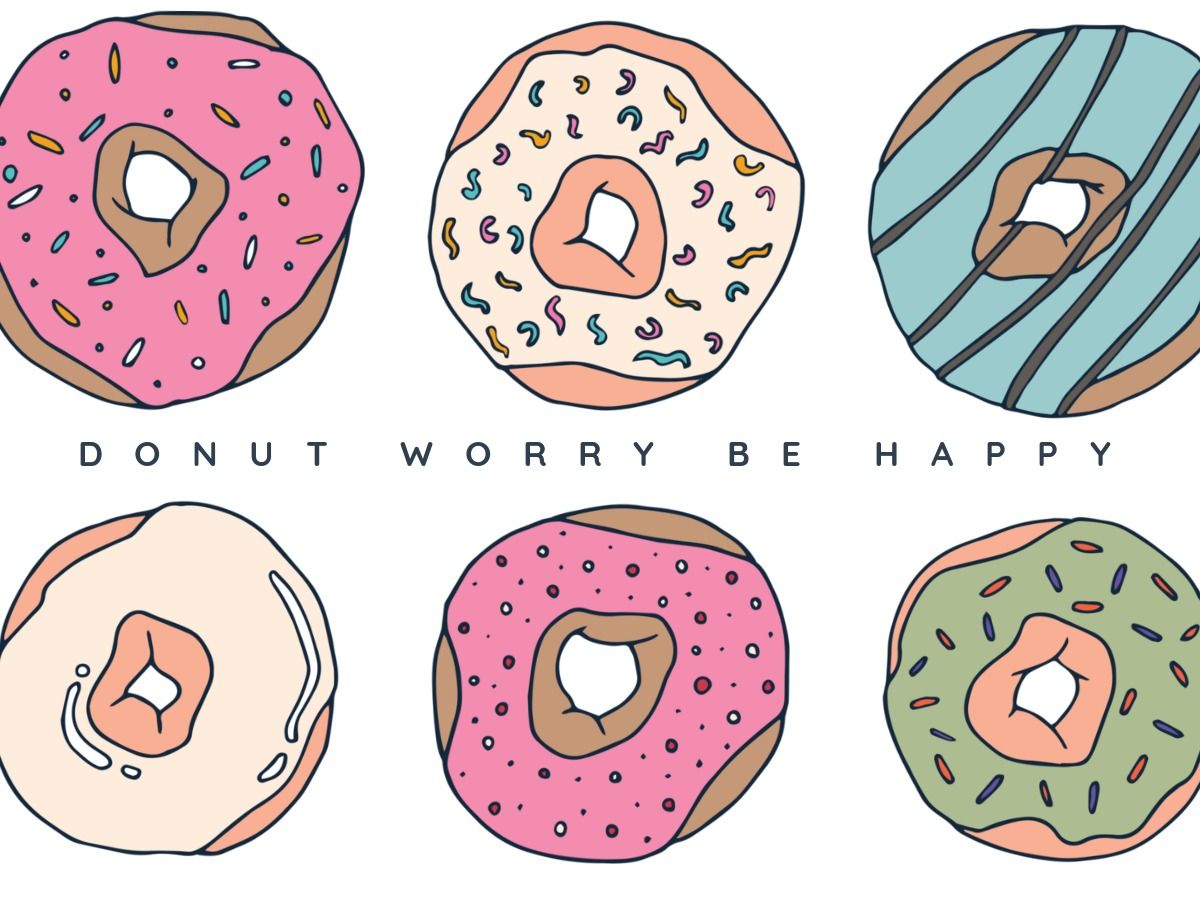 An illustration of six donuts with a pun in the center: Donut worry be happy - Restaurant Branding Guide - Image