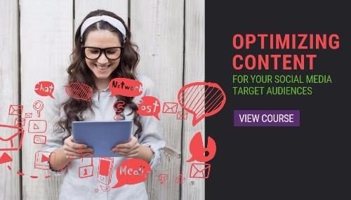 Image of a young smiling woman using a digital tablet and a caption Optimizing Content For Your Social Media Target Audiences View Course - The best social media marketing tips for starting and growing your business - Image