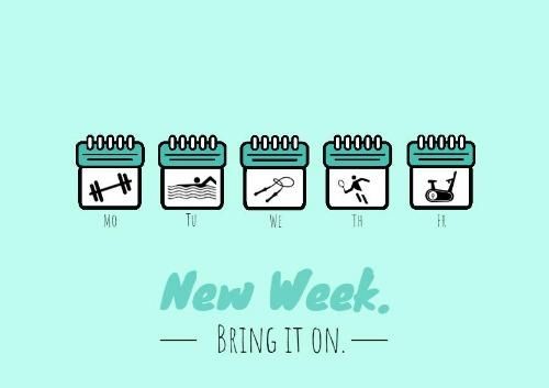Illustration of weekdays on a turquoise background depicting various sporting events and the caption New Week. Bring It On - The best social media marketing tips for starting and growing your business - Image