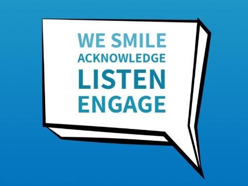 Speech bubble with text: We Smile, Acknowledge, Listen, Engage - The best social media marketing tips for starting and growing your business - Image