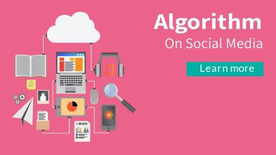 Fundo rosa com símbolos e &#39;Algorithmic on Social Media&#39; em branco