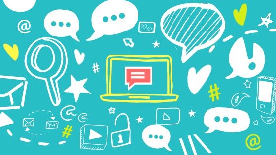 Turquoise background with a lot of yellow and white icons like a laptop, speech bubbles and so on - The 15 most important social media trends for 2022 - Image