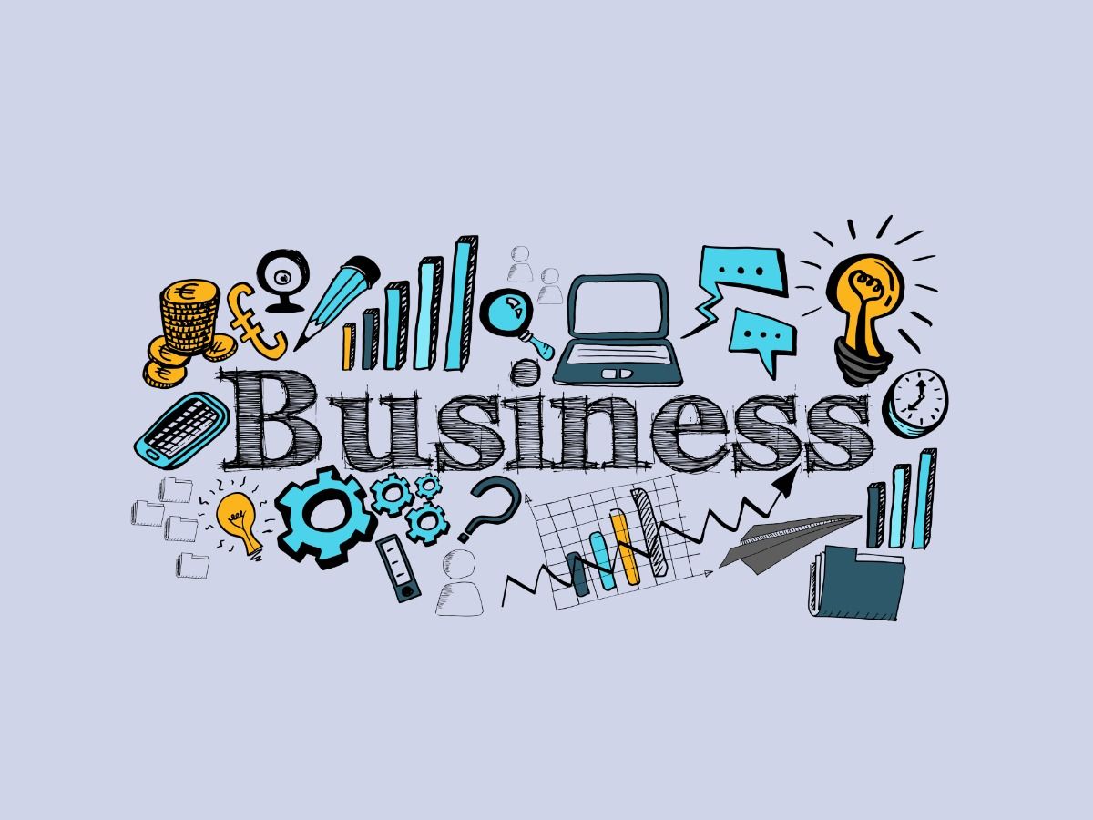 The word business is in the center of the image with different icons around to explain the improvement like graphs, search, money, comments, new ideas and new reflections - A step-by-step beginner's guide to establishing an online presence on a tight budget - Image