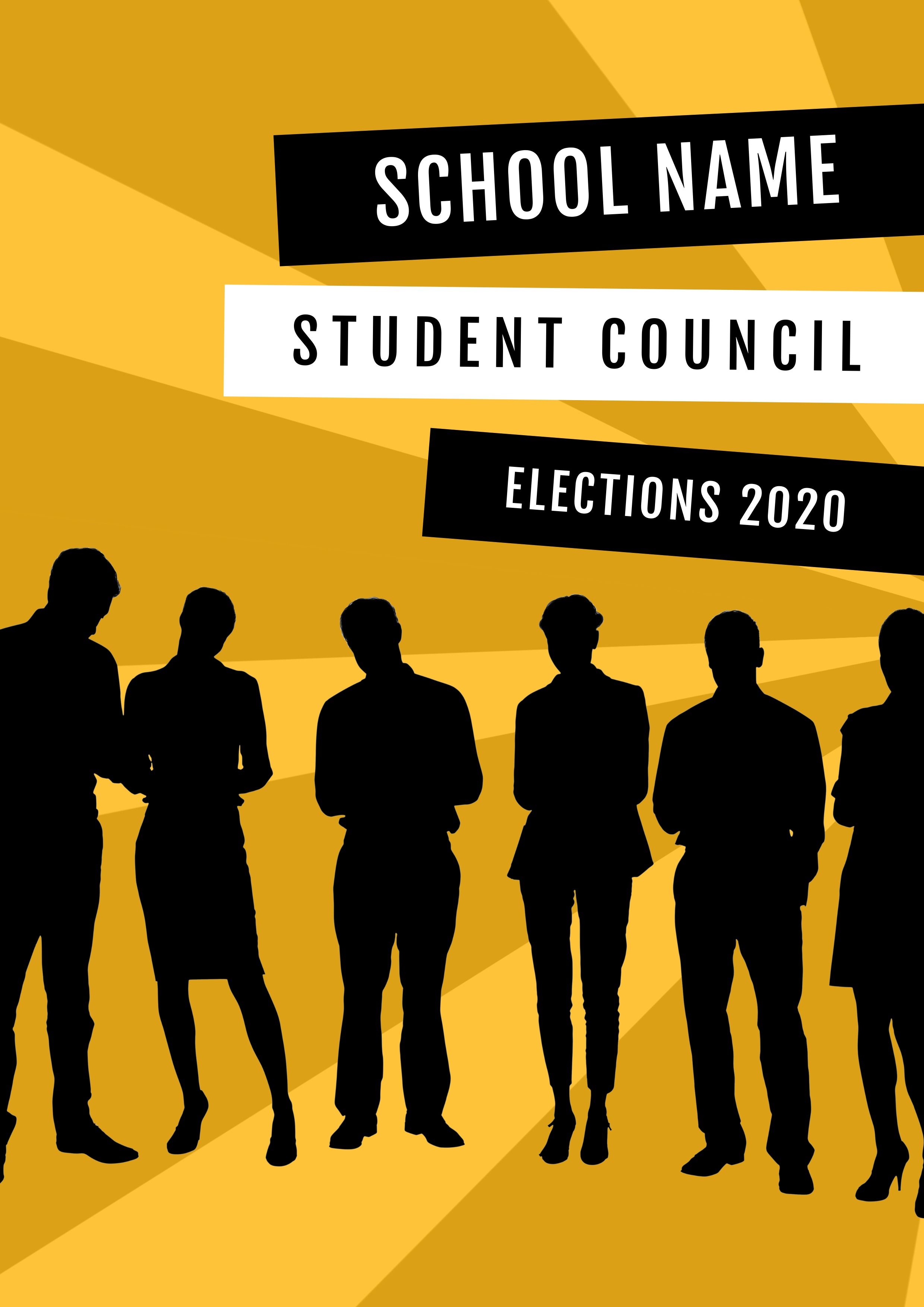 Cartel electoral del consejo estudiantil negro y amarillo.