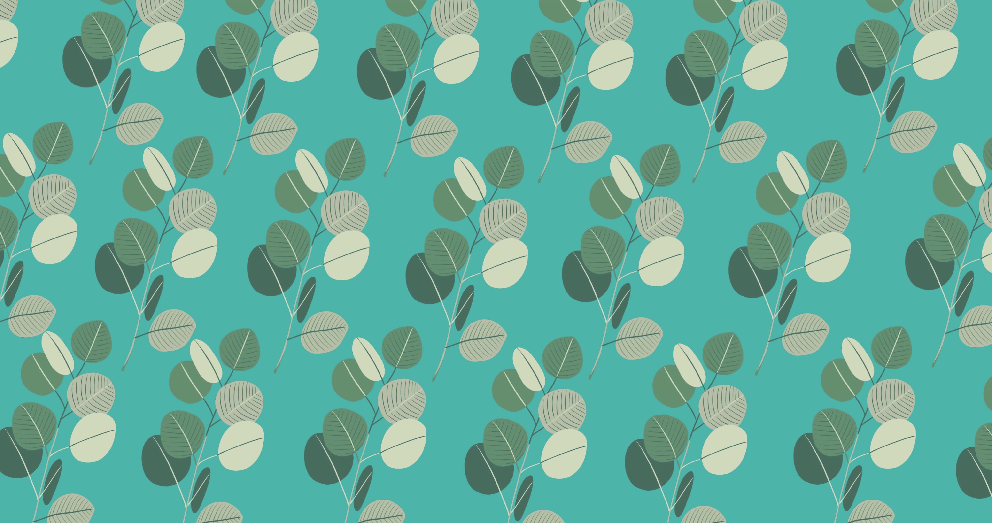 Seamless Pattern of Green Leaves on Turquoise Background Image