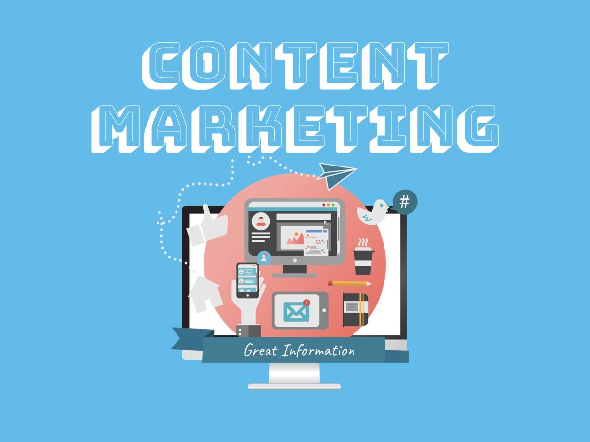 Content-Marketing-Text auf blauem Hintergrund mit einem Computersymbol