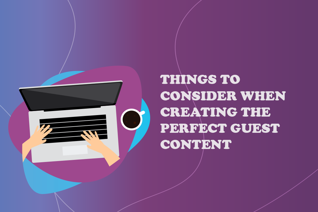 Purple and blue graphic with laptop and mug - Mastering Guest Posting: tips and best practices - Image