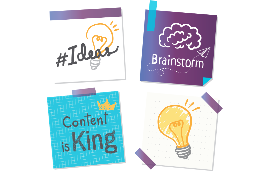 Collage of post it notes with light bulbs and brainstorming graphics - Mastering Guest Posting: tips and best practices - Image