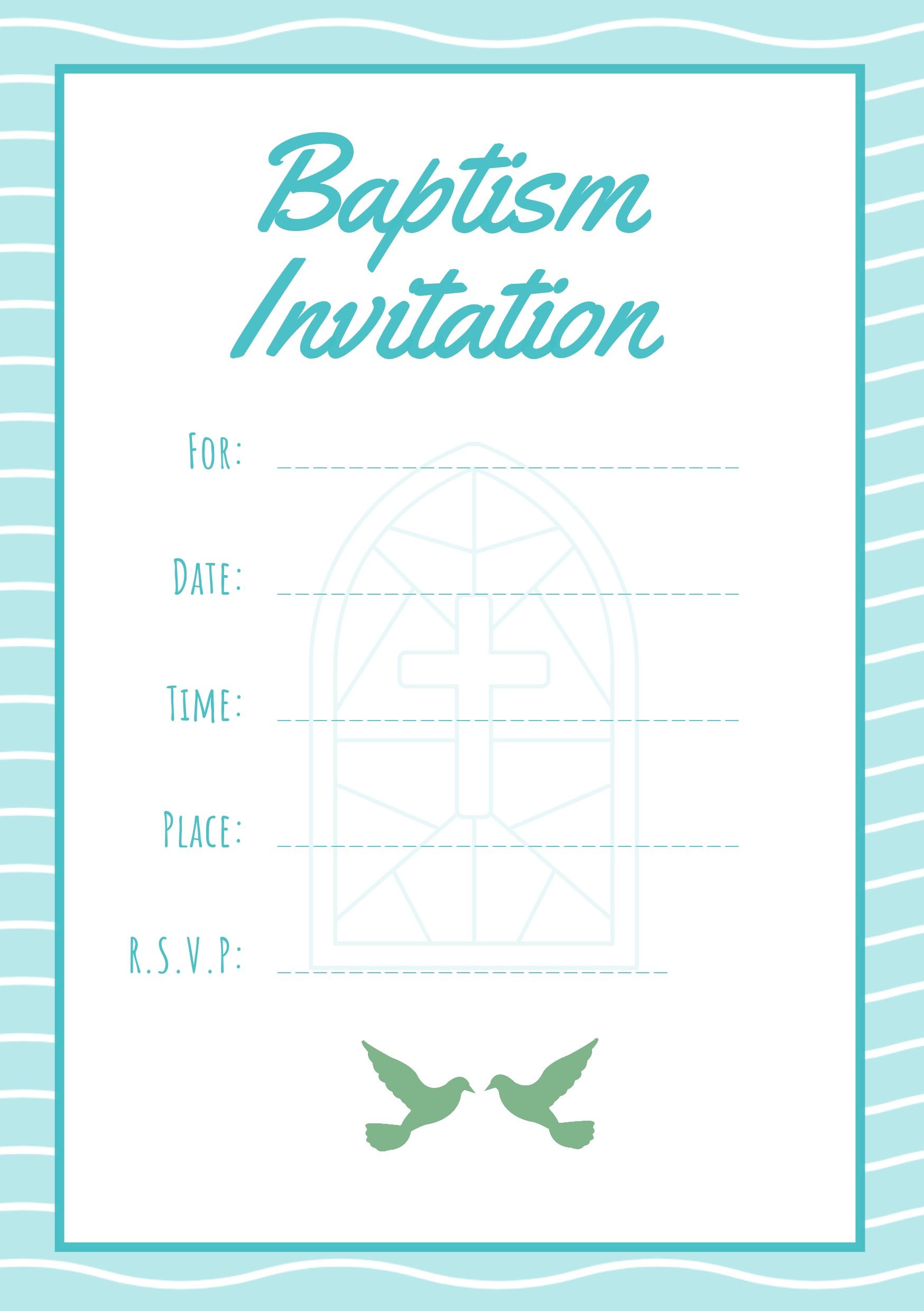 Convite de batismo azul e branco com texto de script e ícones religiosos