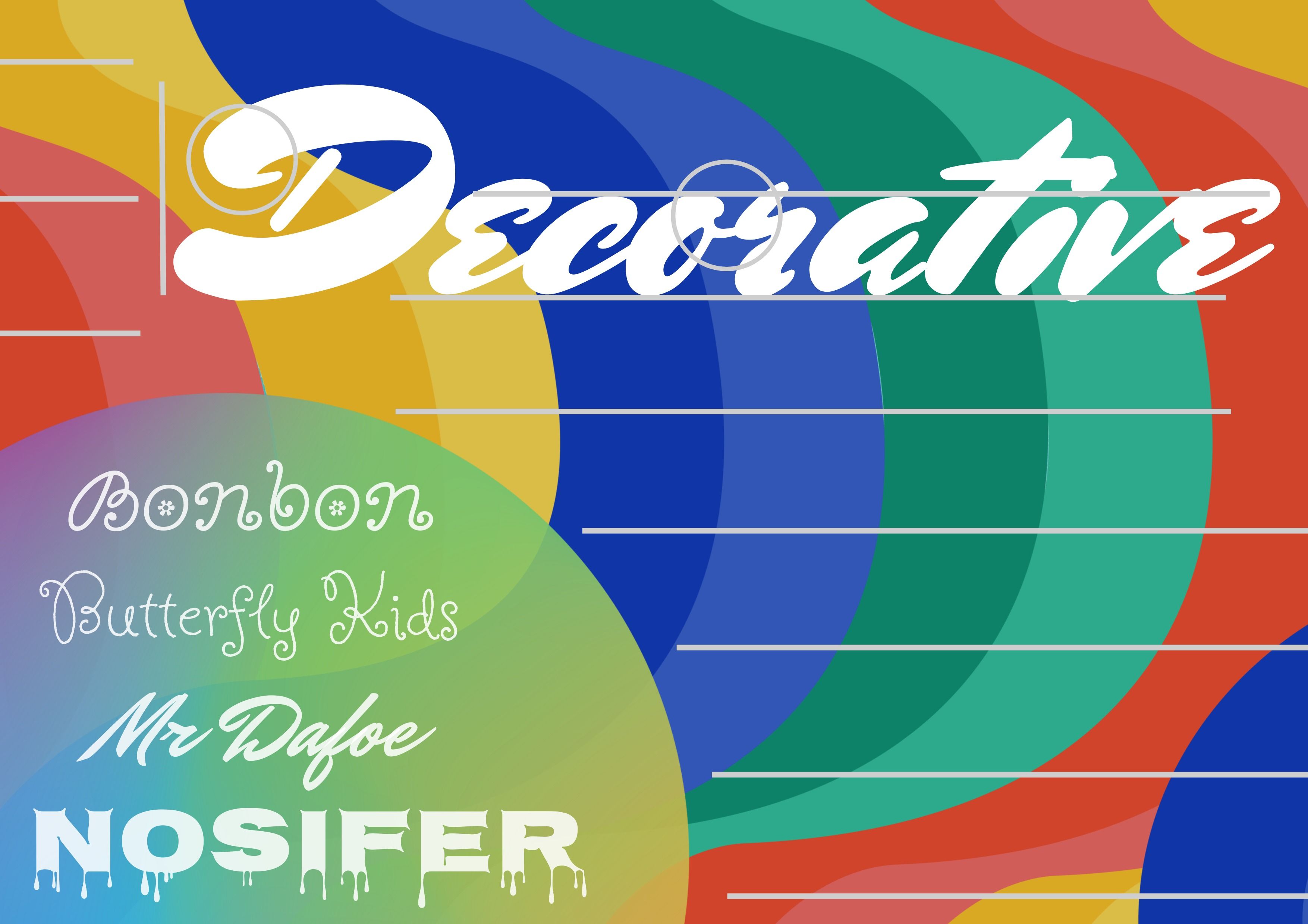 Colorful Decorative Font Type Template with 4 examples in white - The complete guide to fonts: 5 essential types of fonts in typography - Image