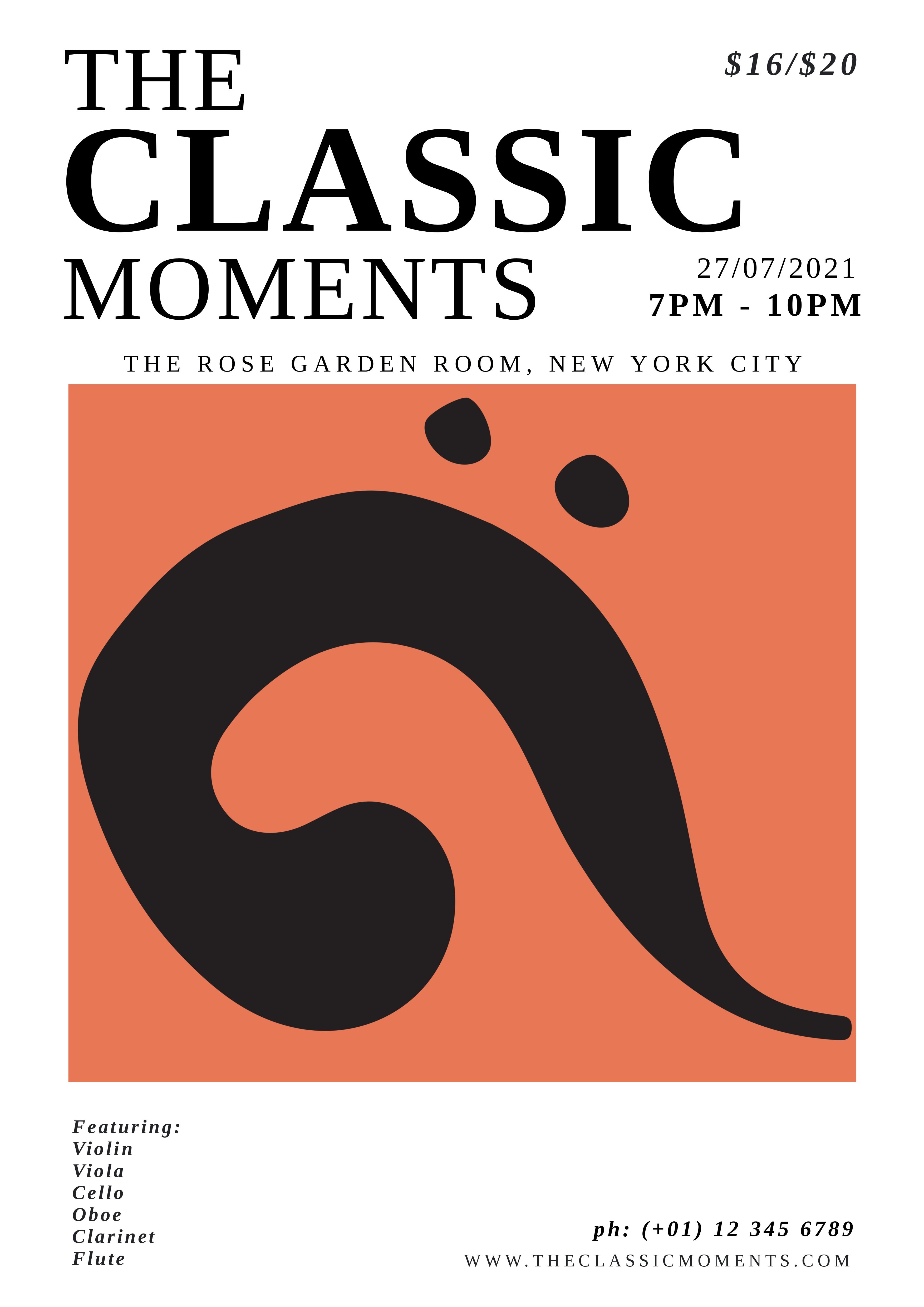 „The Classic Moments“-Musikveranstaltungsplakat mit Serifenschrift in Schwarz mit detaillierten Informationen und einfachem Bassschlüssel-Symbol in der Mitte