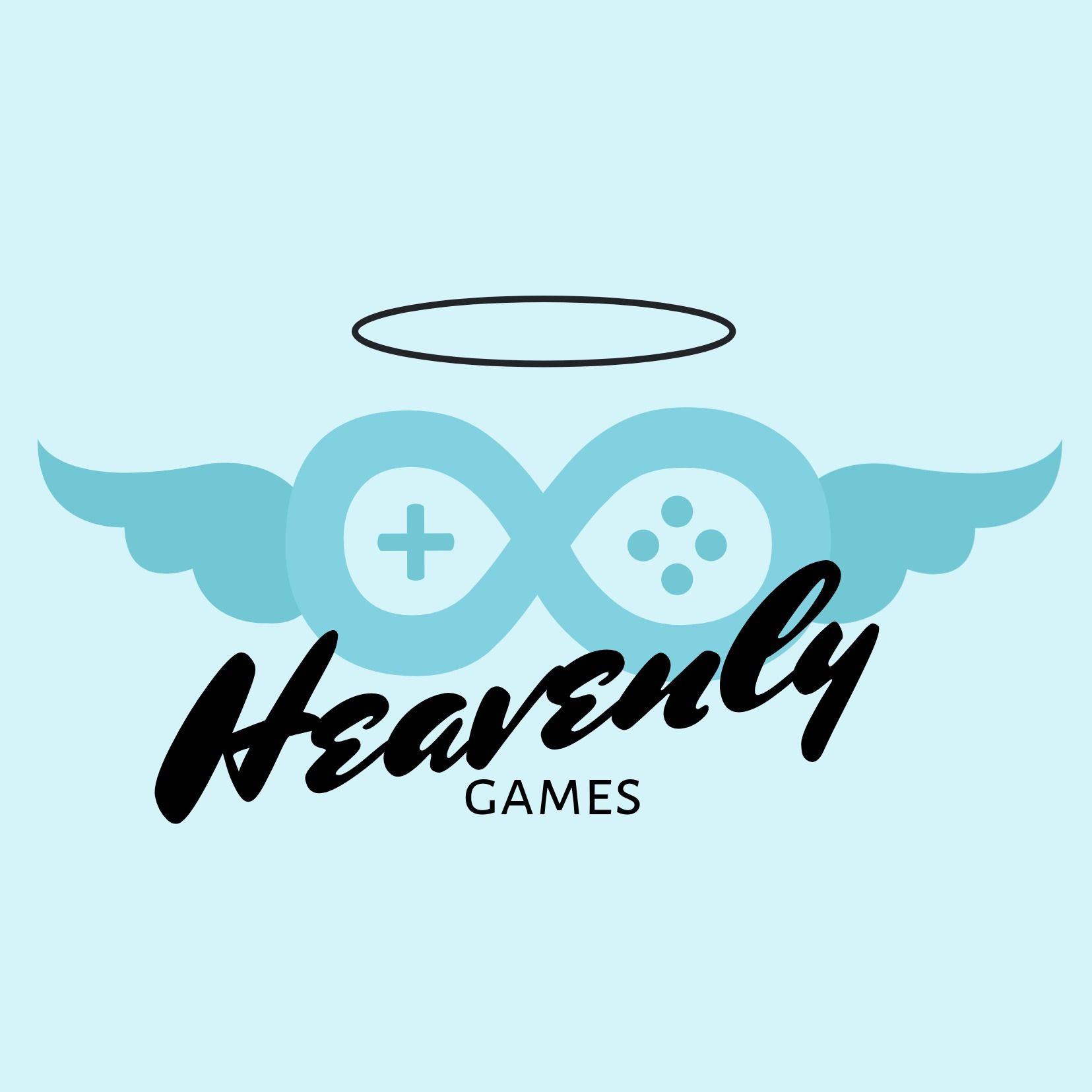 Blaues Gaming-Logo mit dekorativer Schriftart mit Flügeln und Gaming-Symbolen
