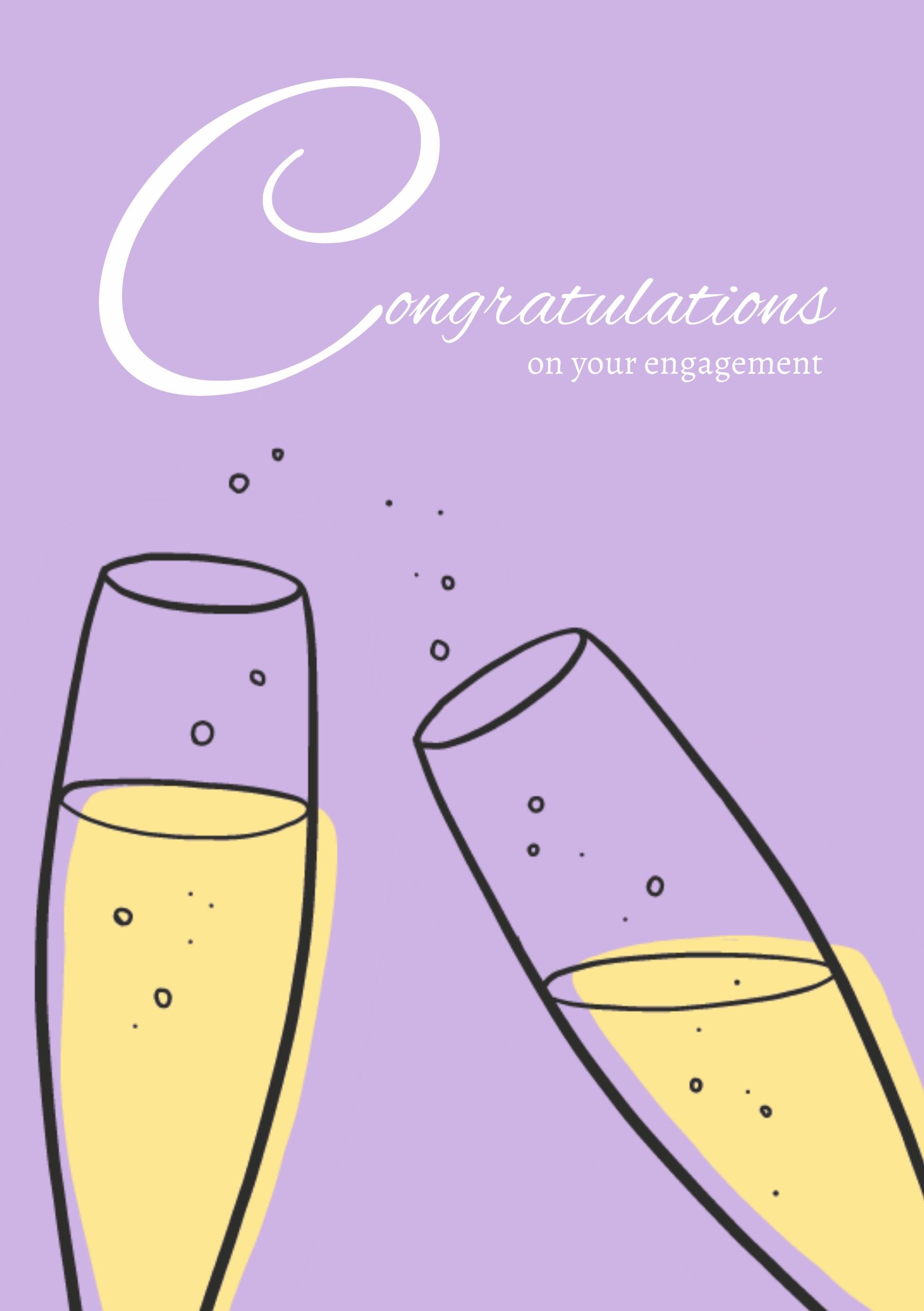 Cartão roxo de parabéns pelo noivado de casamento com fonte de script em ilustrações de taças brancas e de vinho